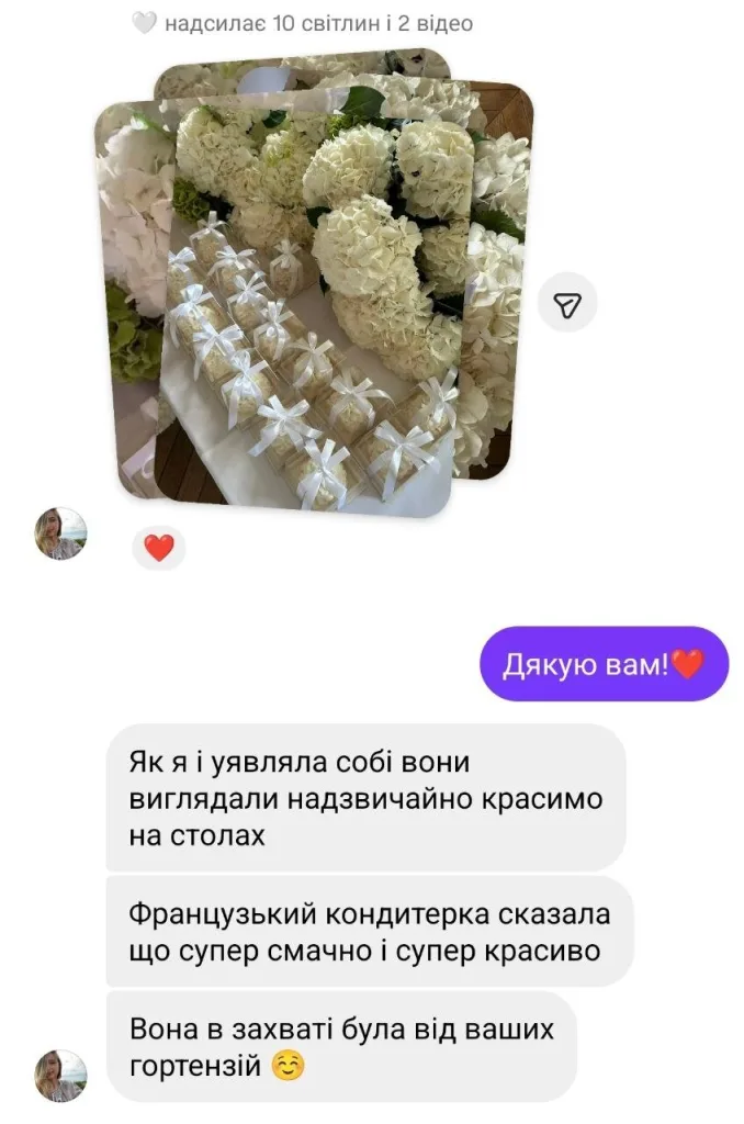 Zrzut ekranu wiadomości na Instagramie, oryginał po ukraińsku: „Як я і уявляла собі вони виглядали надзвичайно красимо на столах. Французький кондитерка сказала що супер смачно і супер красиво. Вона в захваті була від ваших гортензій”. Obok zdjęcia białych hortensji i pudełeczek ze słodyczami na stołach.